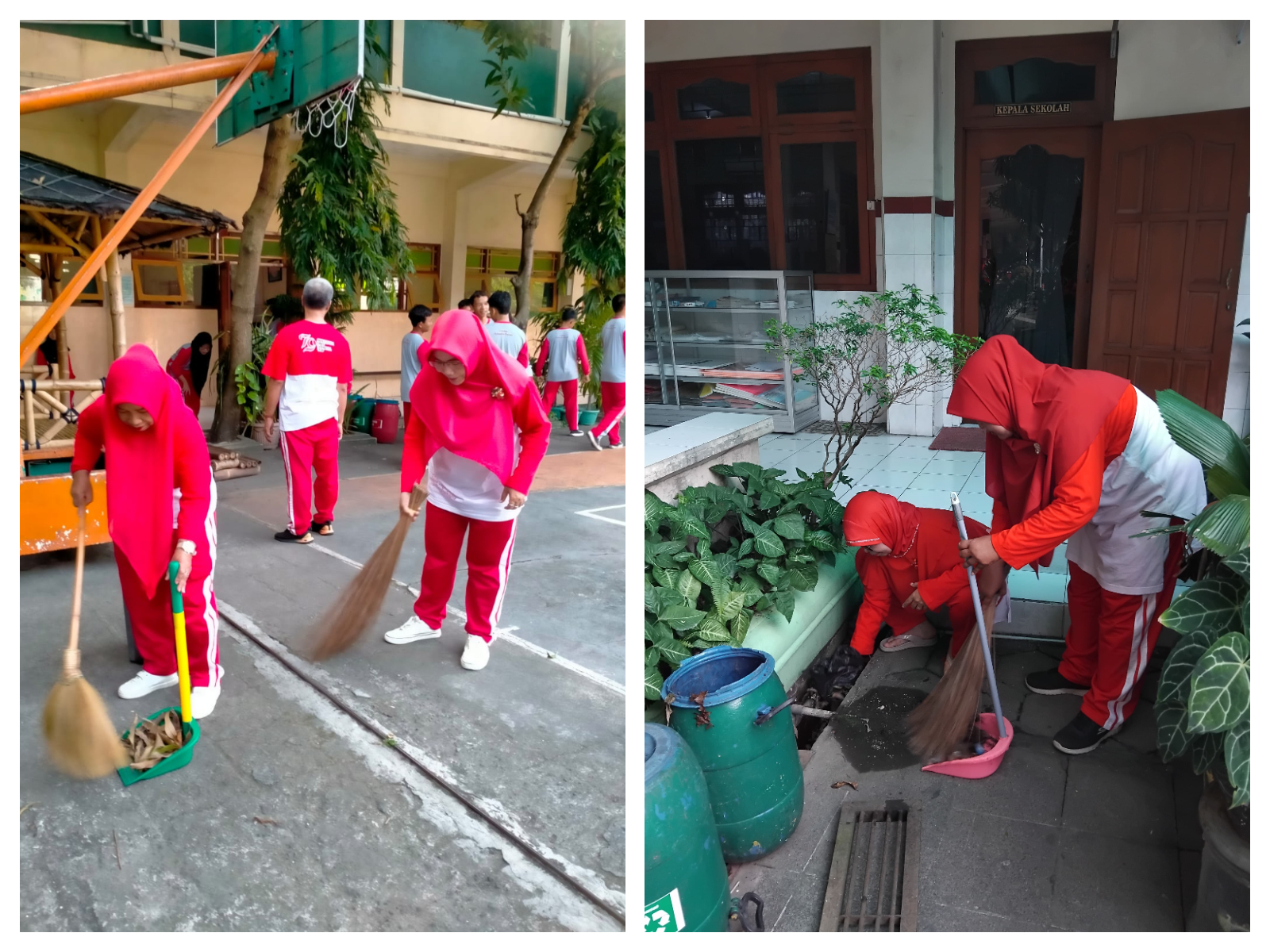 Guru dan tenaga kependidikan membersihkan halaman dan drainase pada Jumat bersih pada Hari Peduli Sampah Nasional, Jumat (21/2/2025)